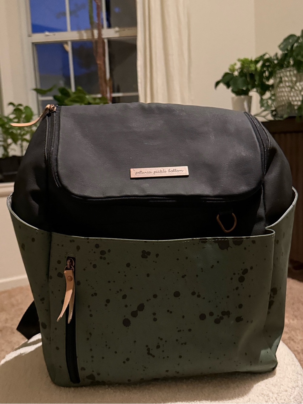 Petunia Pickle Bottom Black Top with Olive Green Speckled Front Backpack